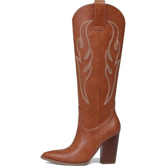 Women's Brown Pu Rhinestones Embroidered Pointed Toe Chunky Heel Knee High Boots - Picture 7 of 7